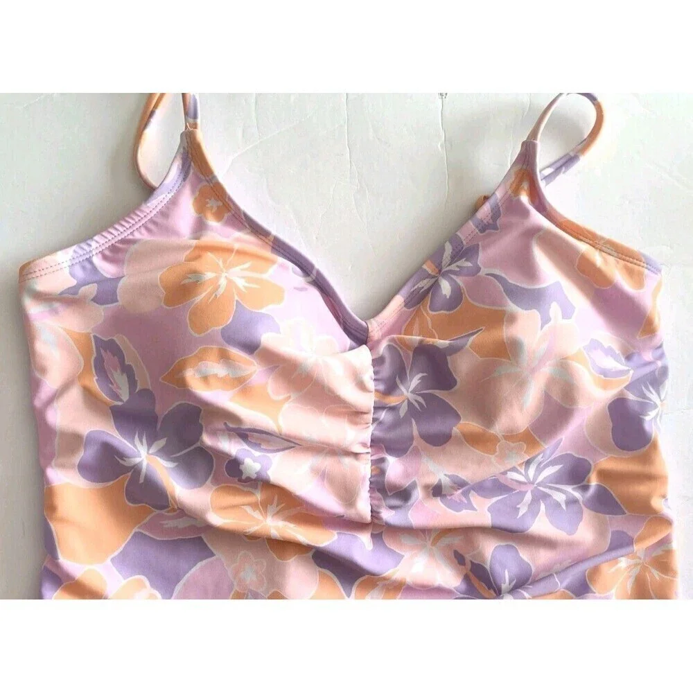 Ninety Nine One Piece Swimsuit Size 1X Purple Floral Print Ruched Resort Pool